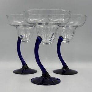 Libbey Bravura Margarita Glasses with Curved Cobalt Blue Stem Set of 3